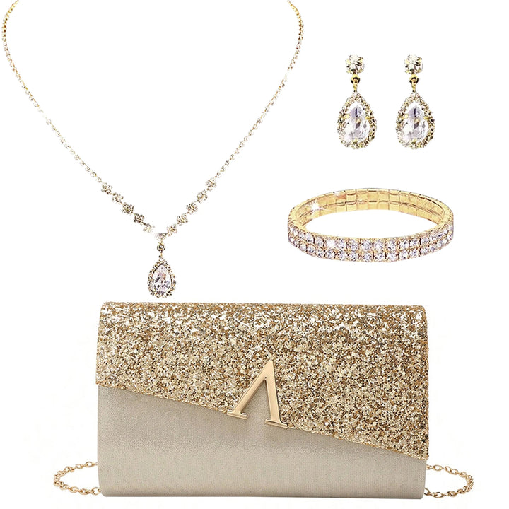 4-Piece Sparkly Flap Clutch & Jewelry Set